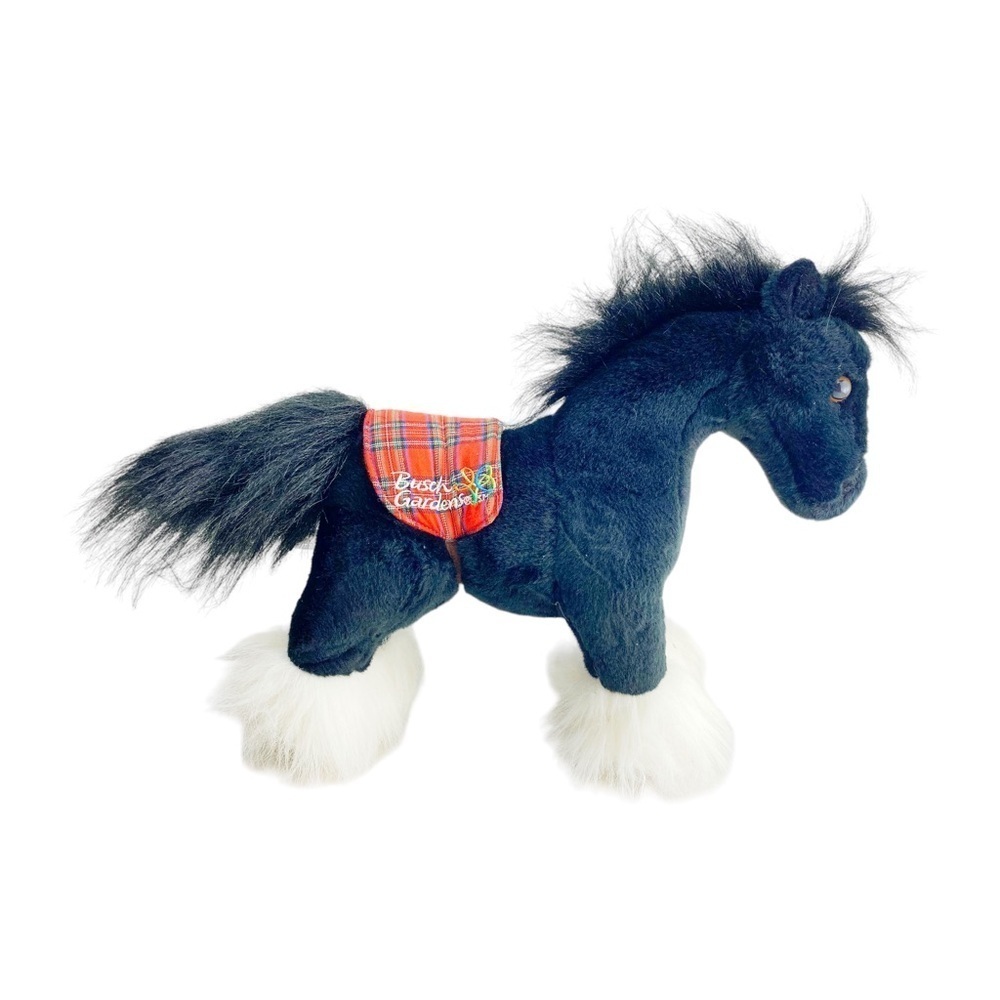 Vtg Busch Gardens Plush Clydesdale Horse Black Stuffed Plaid Saddle 10”​